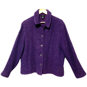 Eileen Fisher Purple Wool Popcorn Knit Button Jacket Large Corp Retro Glam